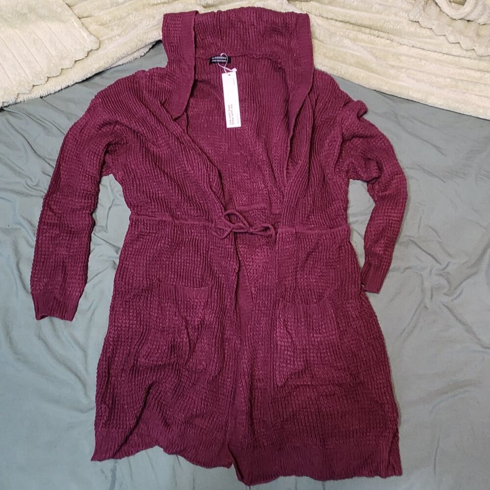 NWT Purple/Maroon - Solid Drawstring Pocket Hooded Open Front Cardigan